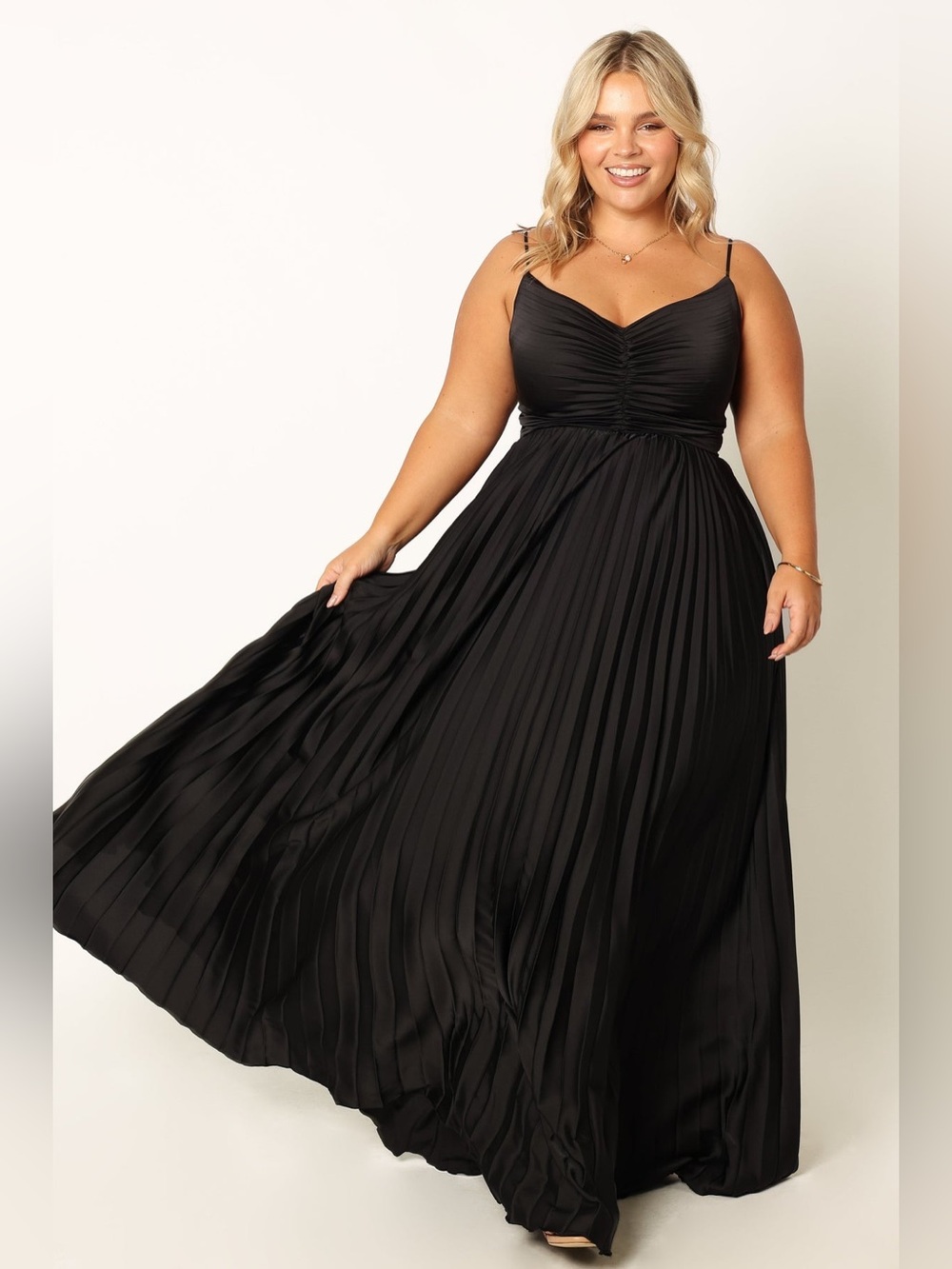 Petal & Pup Naira Pleated Maxi Dress Black Satin Formal Cocktail Gown Wedding